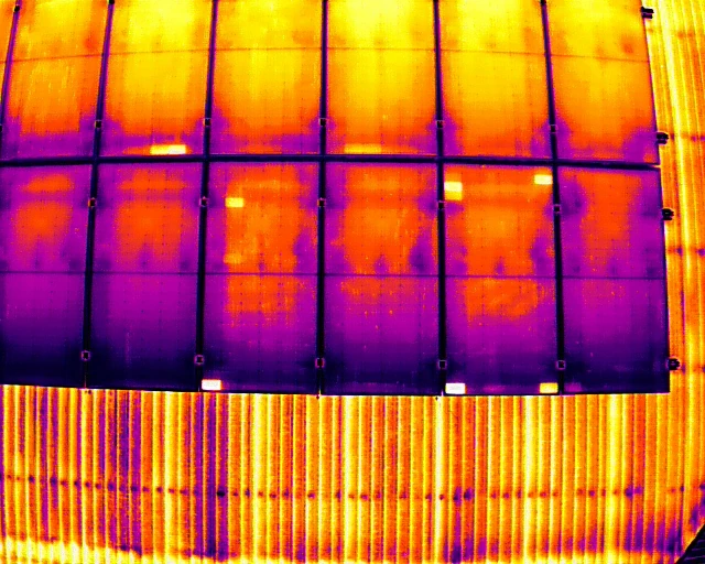 Panele fotowoltaiczne i fragment dachu w obrazie termowizyjnym.